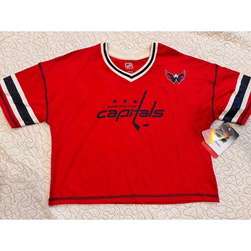 NHL Washington Capitals Girls Red Glitter Jersey T-Shirt Size Large 14